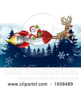 Vector Illustration of Reindeer Flying with Santa in a Rocket over Evergreens with Snowflakes by AtStockIllustration