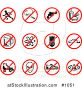Vector Illustration of Restriction Icons Showing No Running, Smoking, Guns, Fast Food, Beer, Atoms, Cell Phones, Driving, Skating, Aliens, Shoes, and Bells by AtStockIllustration