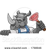 Vector Illustration of Rhino Plumber Mascot Holding Plunger by AtStockIllustration