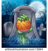 Vector Illustration of Rising Zombie Hand Holding a Basketball in a Cemetery by AtStockIllustration