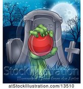 Vector Illustration of Rising Zombie Hand Holding a Cricket Ball in a Cemetery by AtStockIllustration