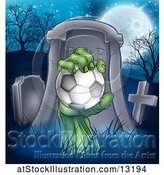 Vector Illustration of Rising Zombie Hand Holding a Soccer Ball in a Cemetery by AtStockIllustration