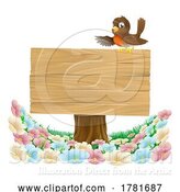 Vector Illustration of Robin Bird Wooden Background Sign by AtStockIllustration