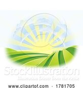 Vector Illustration of Rolling Hills Field Sunrise Sky Farm Landscape by AtStockIllustration