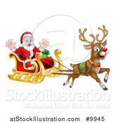Vector Illustration of Rudolph the Red Nosed Reindeer Flying Santa in a Sleigh by AtStockIllustration