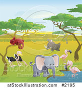 Vector Illustration of Safari Animals at a Watering Hole by AtStockIllustration