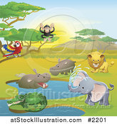 Vector Illustration of Safari Animals in a Watering Hole by AtStockIllustration