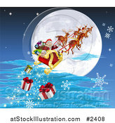 Vector Illustration of Santa and His Reindeer Flying Against a Full Moon and Dropping Christmas Gifts by AtStockIllustration