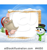 Vector Illustration of Santa Claus and a Snowman by a Sign in the Snow by AtStockIllustration