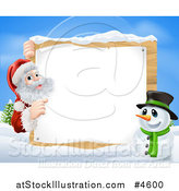 Vector Illustration of Santa Claus and a Snowman by a Winter Sign by AtStockIllustration