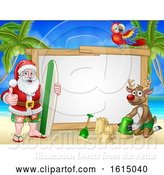 Vector Illustration of Santa Claus and Reindeer Surf Beach Christmas Sign by AtStockIllustration