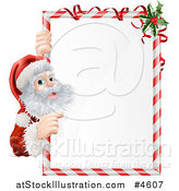 Vector Illustration of Santa Claus Looking Around and Pointing to a Candy Cane Sign with Holly by AtStockIllustration