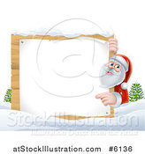 Vector Illustration of Santa Claus Pointing Around a Blank Wooden Christmas Sign in the Snow by AtStockIllustration