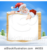 Vector Illustration of Santa Claus Pointing down to a Christmsa Sign in a Winter Landscape by AtStockIllustration