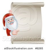 Vector Illustration of Santa Claus Smiling and Pointing Around a Blank Scroll Christmas Sign by AtStockIllustration