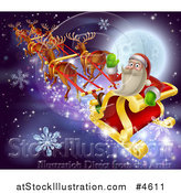 Vector Illustration of Santa Claus Waving and Riding His Sleigh over a Full Moon by AtStockIllustration