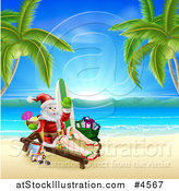 Vector Illustration of Santa Holding a Cocktail and Sun Bathing on a Tropical Beach with Items by AtStockIllustration