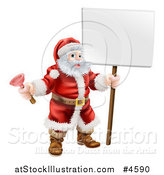 Vector Illustration of Santa Holding a Plunger and a Sign by AtStockIllustration