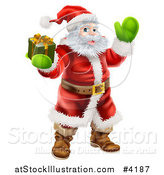 Vector Illustration of Santa Holding out a Gift Box and Waving by AtStockIllustration