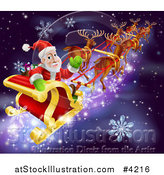Vector Illustration of Santa Looking Back and Waving While Flying in His Sleigh over Snow and Stars by AtStockIllustration