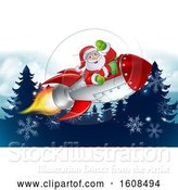 Vector Illustration of Santa Riding in a Rocket over Evergreen Trees and Snowflakes by AtStockIllustration