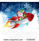 Vector Illustration of Santa Riding in a Rocket over Trees and Snowflakes by AtStockIllustration