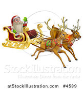 Vector Illustration of Santa Waving and Flying in a Magic Sleigh with Two Reindeer by AtStockIllustration