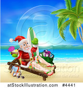 Vector Illustration of Santa Waving and Holding a Cocktail While Lounging on a Beach with Vacation Items 2 by AtStockIllustration