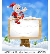 Vector Illustration of Santa Waving and Sitting on a Winter Sign Post by AtStockIllustration