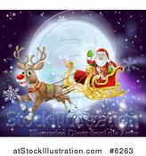 Vector Illustration of Santa Waving While Flying in a Sleigh Led by Rudolph the Red Nosed Reindeer, with Snowflakes and a Full Moon by AtStockIllustration