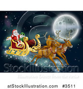 Vector Illustration of Santas Magic Reindeer and Sleigh Flying near the Moon on Christmas Eve by AtStockIllustration