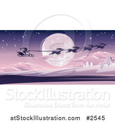 Vector Illustration of Santas Magic Sleigh and Reindeer Flying over a Winter Landscape and Full Moon by AtStockIllustration