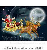 Vector Illustration of Santas Reindeer and Sleigh Flying near the Moon on Christmas Eve by AtStockIllustration