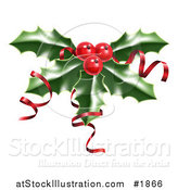 Vector Illustration of Shiny Red Ribbons on Christmas Holly and Berries by AtStockIllustration