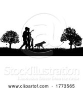Vector Illustration of Silhouette Family People Walking Dog Park Outdoors by AtStockIllustration