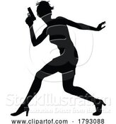 Vector Illustration of Silhouette Lady Female Movie Action Hero with Gun by AtStockIllustration