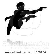 Vector Illustration of Silhouetted Actor or Action Hero Shooting, with a Reflection or Shadow, on a White Background by AtStockIllustration