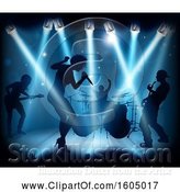 Vector Illustration of Silhouetted Band in Action on Stage in Blue Lighting by AtStockIllustration