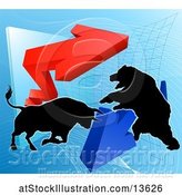 Vector Illustration of Silhouetted Bear Vs Bull Stock Market Design with Arrows over a Graph by AtStockIllustration