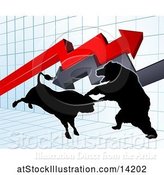 Vector Illustration of Silhouetted Bear Vs Bull Stock Market Design with Arrows over a Graph by AtStockIllustration