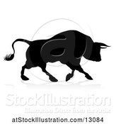 Vector Illustration of Silhouetted Black Bull Charging, with a Shadow on a White Background by AtStockIllustration