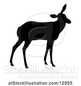 Vector Illustration of Silhouetted Black Silhouetted Deer Doe, with a Shadow or Reflection, on a White Background by AtStockIllustration