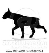 Vector Illustration of Silhouetted Bull Terrier Dog Running, with a Reflection or Shadow, on a White Background by AtStockIllustration