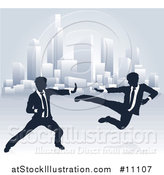 Vector Illustration of Silhouetted Business Men Kung Fu Fighting over a City by AtStockIllustration