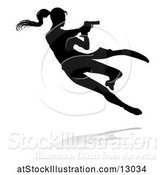 Vector Illustration of Silhouetted Femme Fatale Shooting, with a Reflection or Shadow, on a White Background by AtStockIllustration