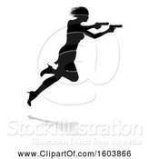 Vector Illustration of Silhouetted Femme Fatale Shooting, with a Reflection or Shadow, on a White Background by AtStockIllustration