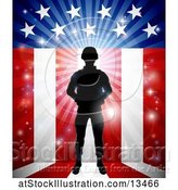 Vector Illustration of Silhouetted Full Length Male Military Veteran over an American Themed Flag and Bursts by AtStockIllustration