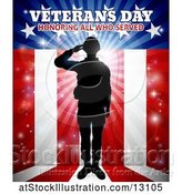 Vector Illustration of Silhouetted Full Length Male Military Veteran Saluting over an American Background and Text by AtStockIllustration