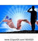 Vector Illustration of Silhouetted Full Length Male Military Veteran Saluting over an American Ribbon Flag and Sky by AtStockIllustration