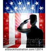 Vector Illustration of Silhouetted Full Length Male Military Veteran Saluting over an American Themed Flag and Bursts by AtStockIllustration